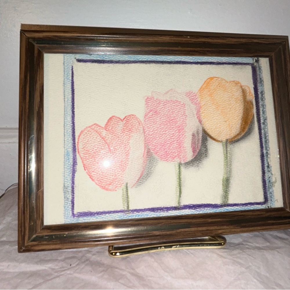 Vintage Framed Floral Kids Art with Pink and Orange Tulips